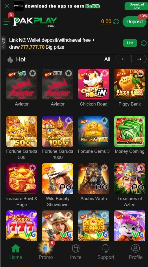 PakPlay games grid showing Aviator, Chicken Road, Piggy Bank, Fortune Garuda, Fortune Gems 3 and Treasures of Aztec