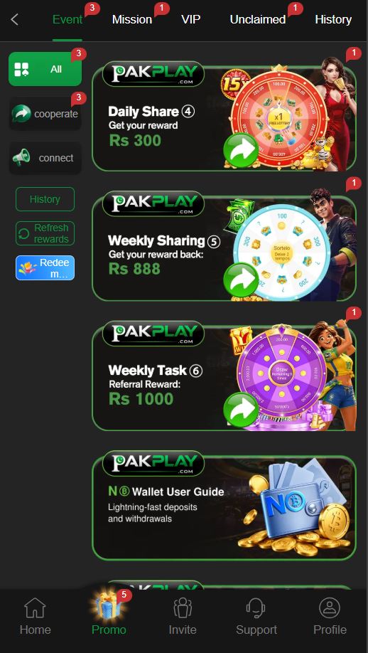 PakPlay promo screen showing Daily Share Rs 300, Weekly Sharing Rs 888 and Weekly Task Rs 1000 event cards